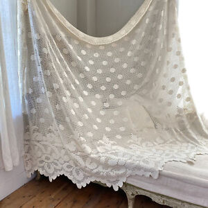 82x112 Vintage French Crochet Lace Curtain Throw Coverlet Bed Cover White Text