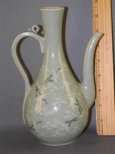 Antique Celadon Crackle Glaze Chinese Tea Oil Pot Cranes Character Mark 8 5 