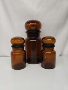 Vintage Belgium Brown Art Deco Glass Apothecary Jar Containers W Lids Set Of 3