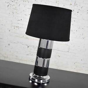 Art Deco Style Chrome And Black Horizontal Stripe Cylindrical Table Lamp Black S