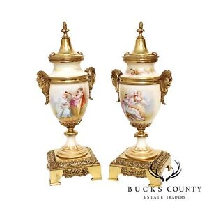 Antique French Sevres Style Porcelain Brass Urns
