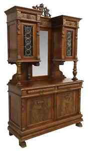 Antique Sideboard Renaissance Revival Carved Walnut Crest Mirror 1800 S 