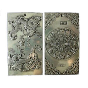 Old Chinese Tibet Dragon Phoenix Lucky Bullion Thanka Amulet Pendant Silver Gift