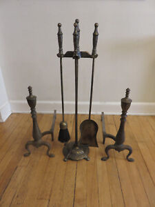 Antique Arts Crafts Iron Brass Hammered Fireplace Andirons Tool Set