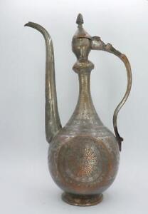 Antique 16 Middle Eastern Arabic Islamic Silvered Copper Ewer Birds Flowers