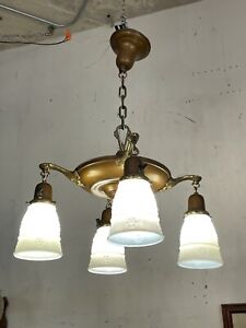 Turn Of The Century Circa 1900 Four Bulb Metal Pan Light Ceiling Fixture Rewired