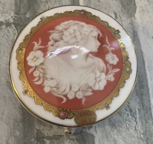 Depos 24 K Gold Coral Rose Cameo Trinket Bowl Hand Painted Italy Collectable