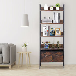 5 Tier Bookshelf Wood Metal Storage Shelf With 2 Storage Drawers For Living Room