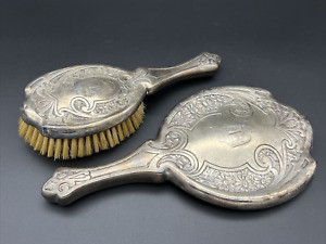 Vintage Sterling Silver Repose Floral Vanity Brush Hand Mirror Set Monogramed