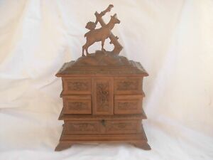 Antique Black Forest Hand Carved Wood Jewel Box Late 19th Century 