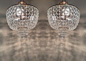 Pair Of Antique Vntage Crystal Brass Chandelier Lighting Ceiling Light Fixtures