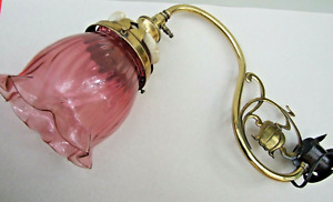 Art Nouveau Antique Gas Wall Light Sconce Lamp Brass Ruby Glass Shade Restored