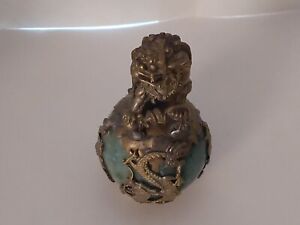 Foo Dog Pewter With Possibly Jade Dragon Stone Chinese Aged Patina Figurine