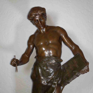 Rare French Antique 30 In Bronzed Allegorical Athletic Man Sculpture By Picault