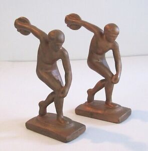 Art Deco American Cast Iron Bookends Discus Thrower Copper Finish 1920 S 