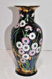 Chinese Famille Noir Hand Painted Mid Century Enameled Porcelain Vase Antique