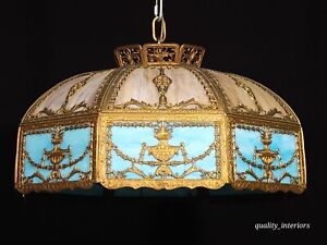 Antique 1920s Tiffany Style Filigree Brass Lamp W Taupe Turquoise Slag Glass