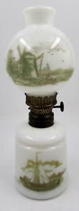 Antique Miniature Gwtw Oil Lamp White Glass Sailboat Windmill Barn Cottage