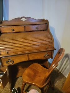 Small Antique Roll Top Desk With Chair
