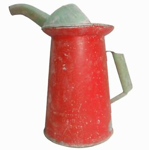 Vint Red Chalky Mint Grn 4 Qt Motor Oil Watering Tin Can W Pouring Spout Handle