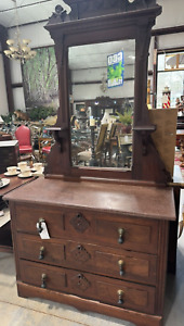 Victorian Walnut 3 Drawer Dresser Chest With High Mirror Marble Top