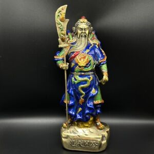 10 2 Chinese Cloisonne Enamel Bronze Guan Gong Yu Hold Sword Stand Statue