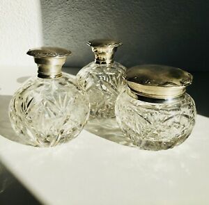 3 Antique Crystal Alpaca Silver Vanity Dresser Set Perfume Cologne Powder