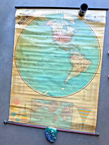 1800s Antique Rand Mcnally Western Hemisphere Pull Down Map Data Charts 57 X41 