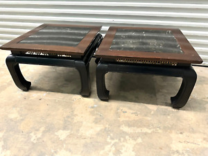 2 Contemporary Walnut Marble Brass Side Tables 2 21 5 W 21 5 D 14 25 H
