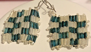 Vintage Bugle Bead Checkerboard Earrings Turquoise And White Ab