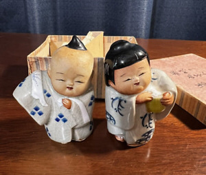 Vintage Japanese Celadon Porcelain Figurines Man Woman With Original Box