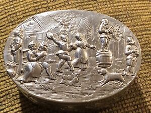 Antique 800 Sterling Silver Repousse High Relief Box Detail Dutch Peasant Scene