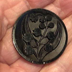 Lovely Lily Of The Valley Antique Black Glass Button 1 3 16 Almost Large