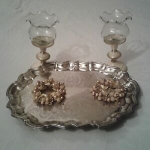 Lot Silver Plated Serving Tray With Feet 14 1 4 In X 11 In Candle Holders