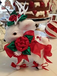 Pretty Red Roses Christmas Peppermints Sweet Standing Baby Reindeer Decor