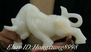 11 4 China Natural White Jade Carving Fengshui Zodiac Animal Cattle Bull Statue