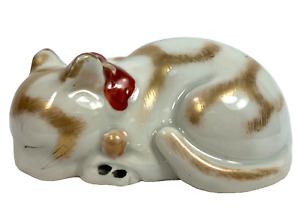 Antique Kutani Sleeping Cat Japanese Heavy Porcelain Nemuri Neko