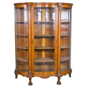 Antique Victorian Oak Claw Foot Carved Pillar Curved Glass China Closet 22008