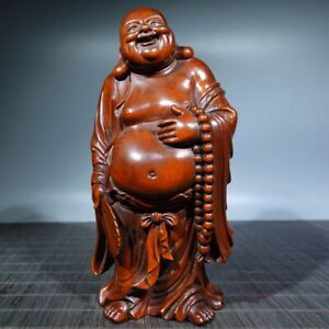Vintage Chinese Boxwood Carved Laughing Buddha Statue Wooden Sculpture Decor Art