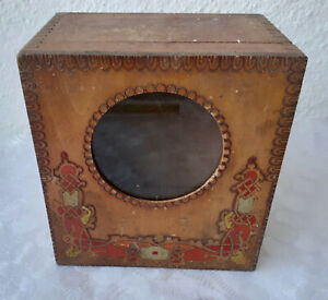 Antique Primitive Wooden Alarm Clock Box Hand Painted With Glass 8 