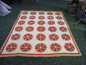 Vintage 1800 S Hand Stitched Red Green Tan Quilt 71x86 Black Light Tested 7