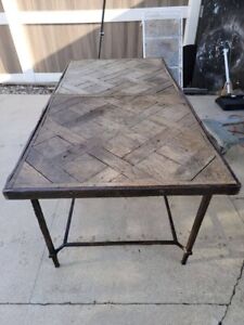 French Vintage Wrought Iron Table With Parquet Flooring Inset Top