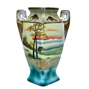 Vintage Japanese Porcelain Imari Landscape Motif Handle Vase By Miyako Japan