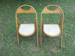 Pair Of Vintage Antique Wood Bentwood Folding Chairs W Beige Vinyl Seats