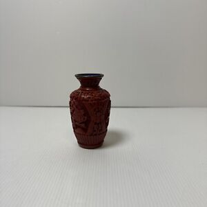 Vtg Chinese Red Cinnabar Fine Hand Carved Lacquer Brass Vase Enamel Floral 4 