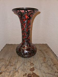 Antique Alvin Silver Overlay Ruby Red Glass Vase Art Nouveau 999 Fine Hallmarked