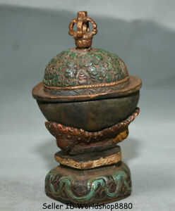 4 8 Antique Old Tibet Buddhism Temple Bronze Painting Kapala Bowl Pot Jar Crock
