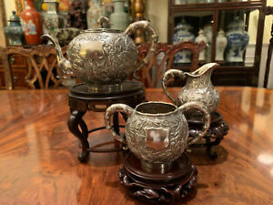 Chinese Export Silver Teaset 19th Century Mark Of Kwong Man Shing Kms