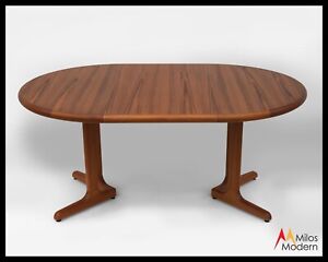 Vtg 70s Mid Century Danish Modern Teak Wood Dining Table Round Oval W Leaf