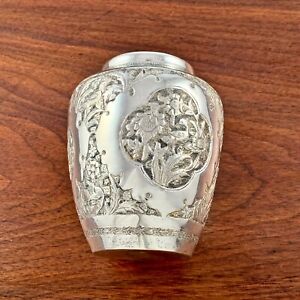 Persian 875 Solid Silver Hand Chased Vase Birds Florals Marked On Base